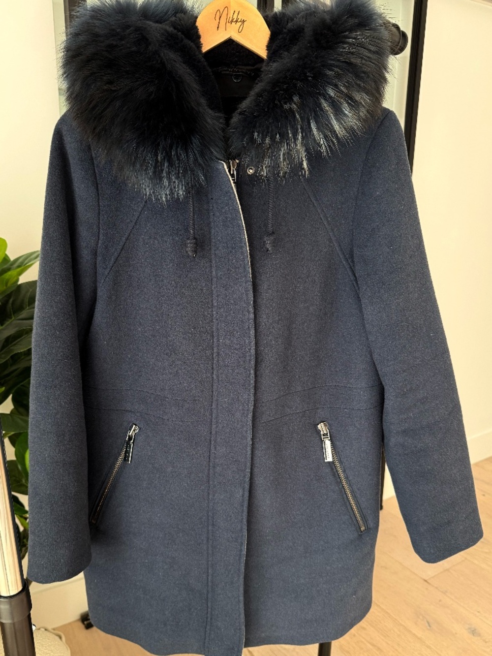 Dawn Levy Wool Coat Real Fur Hood Navy Sz M